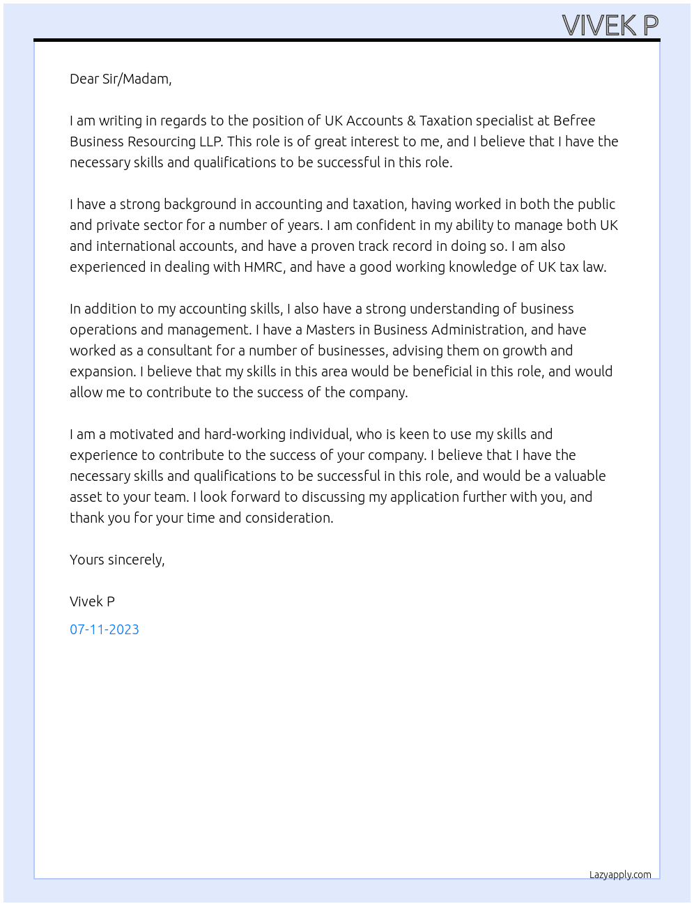 UK Accounts & Taxation specialist  At Befree Business Resourcing LLP Cover Letter