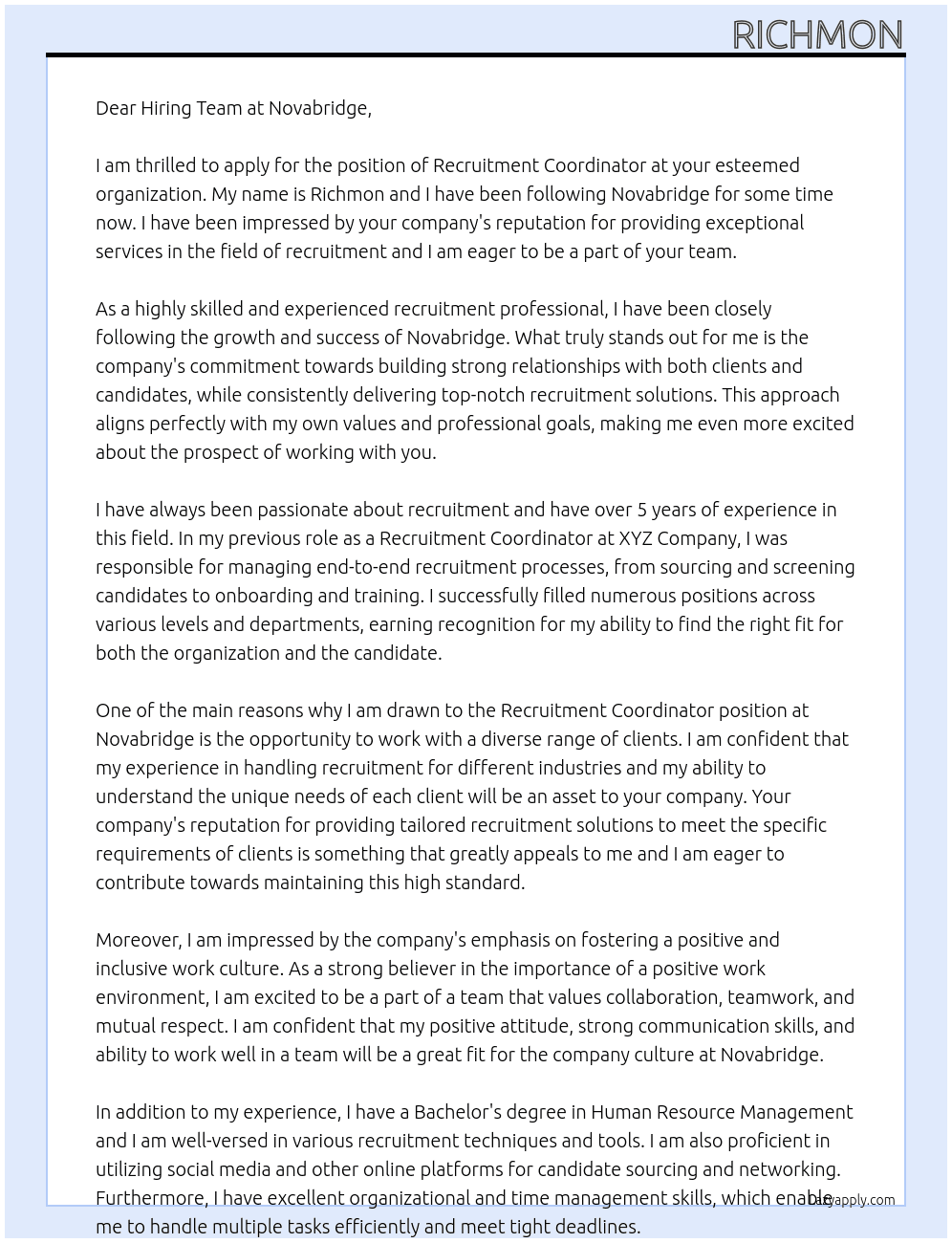 Recruitment Coordinator At Novabridge Cover Letter