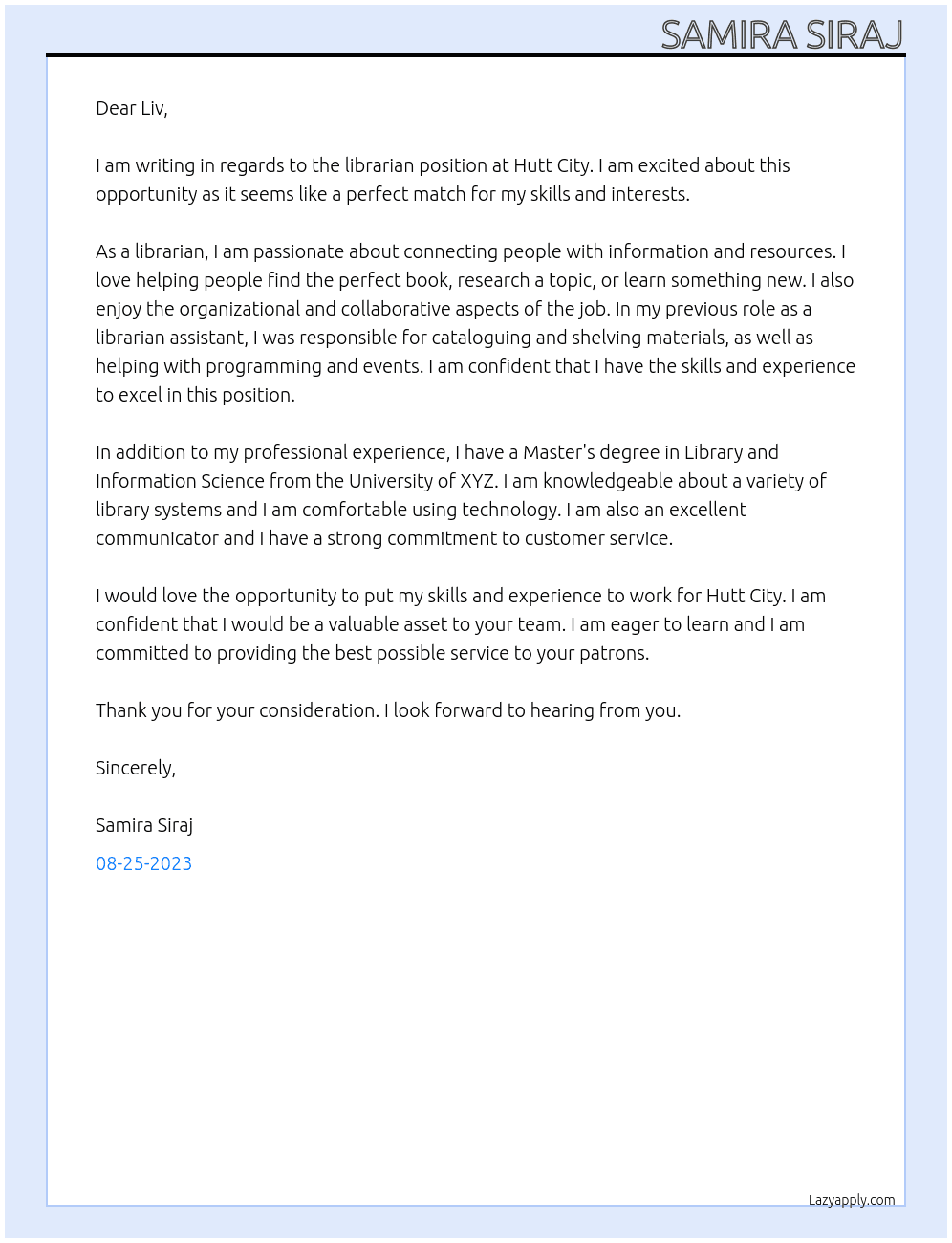librarian At hutt city Cover Letter
