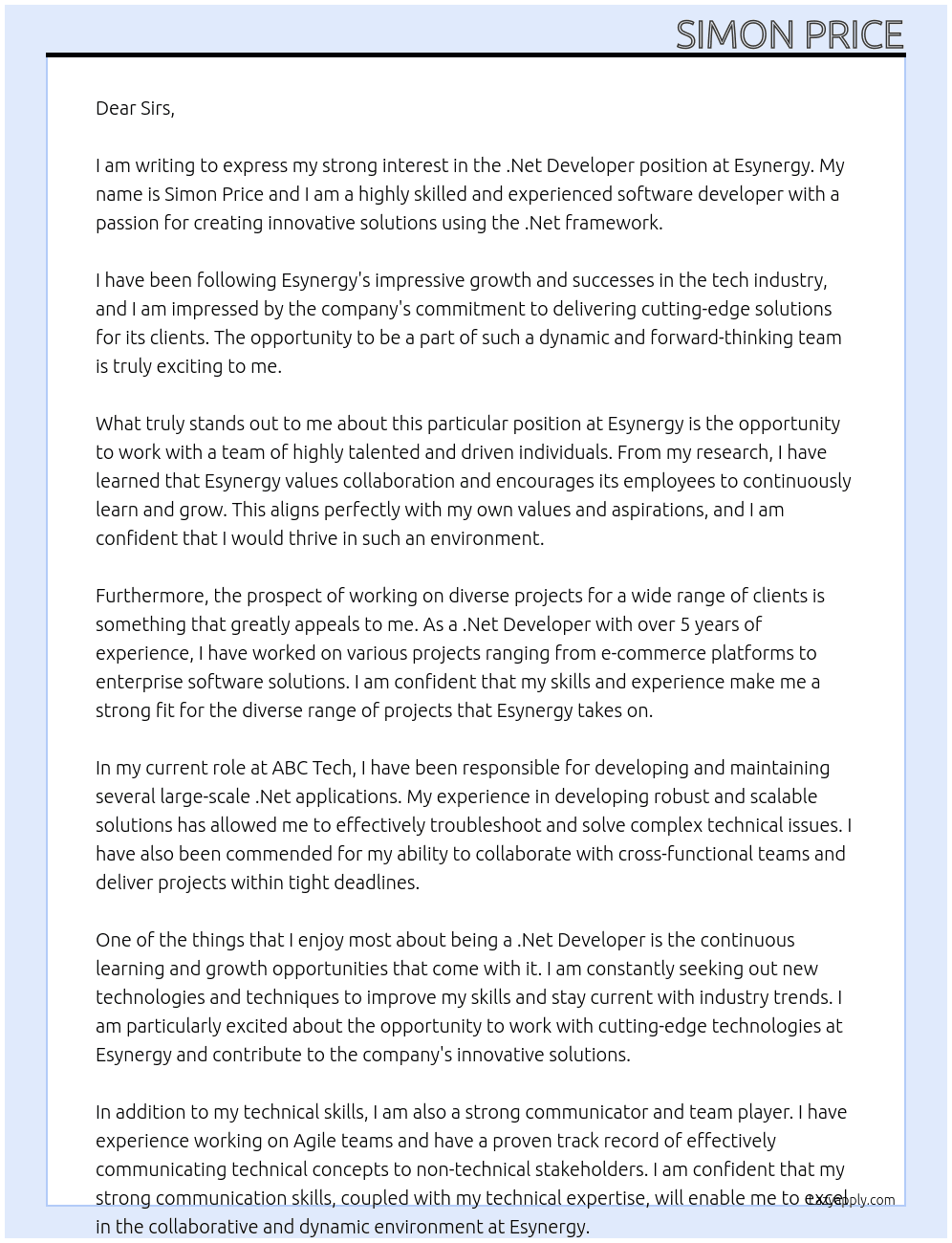 .Net Developer At esyndergy Cover Letter