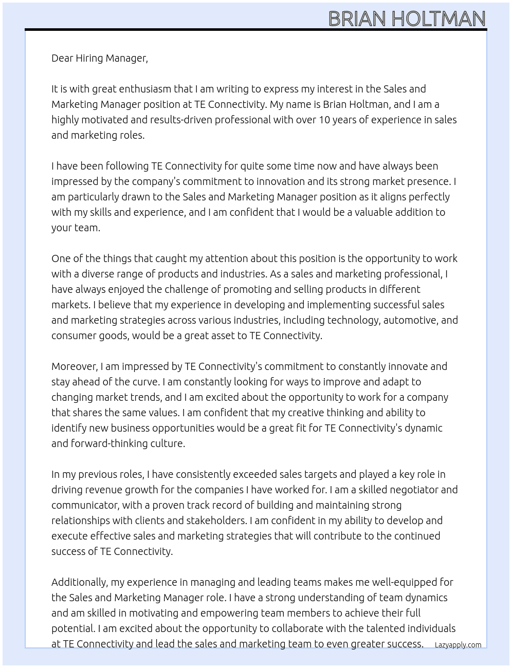 sales and marketing manager At TE Connectivity Cover Letter