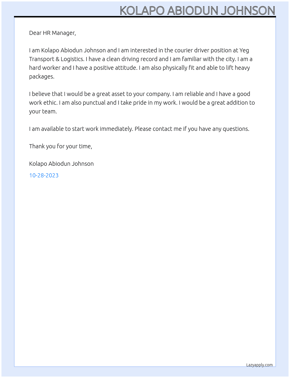 Courier driver At Yeg Transport & Logistics Cover Letter