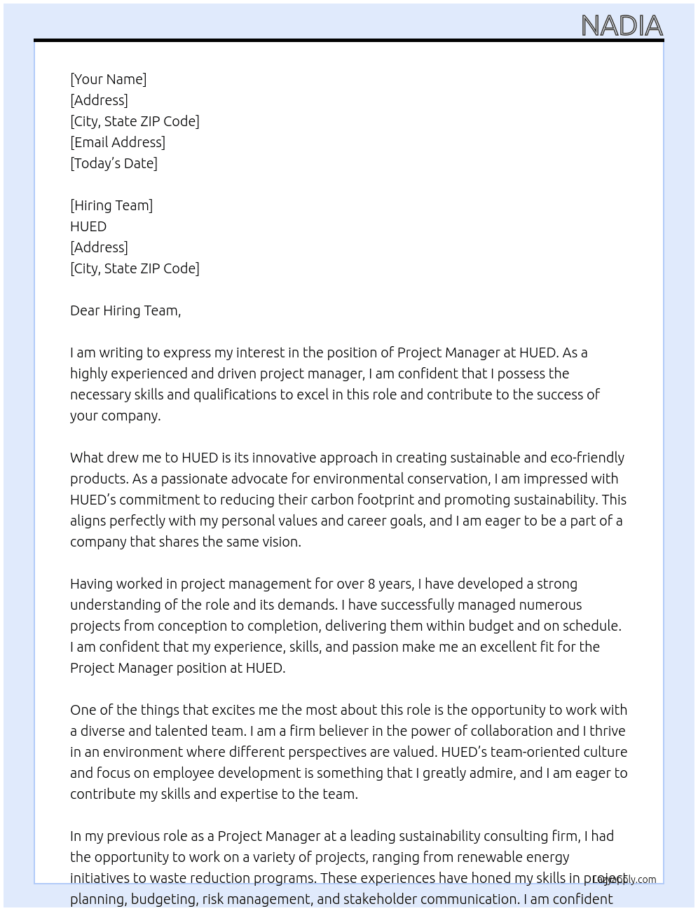 Project Manager At HUED Cover Letter