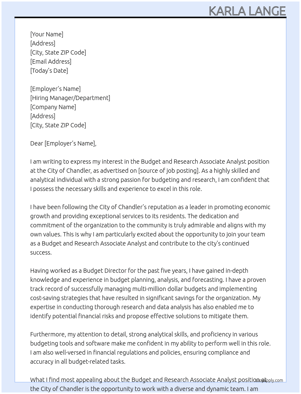 Budget and Research Associate Analyst At City of Chandler Cover Letter