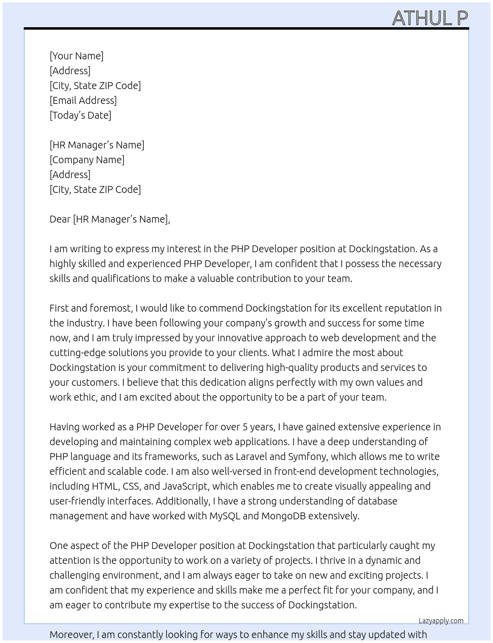 PHP Developer At dockingstation Cover Letter