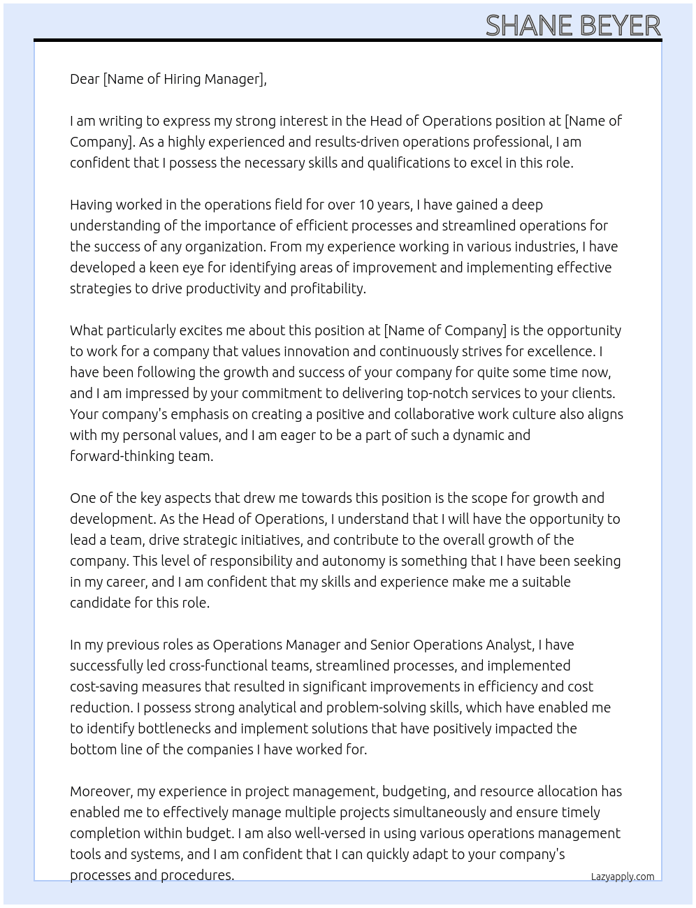 Head of Operations At . Cover Letter