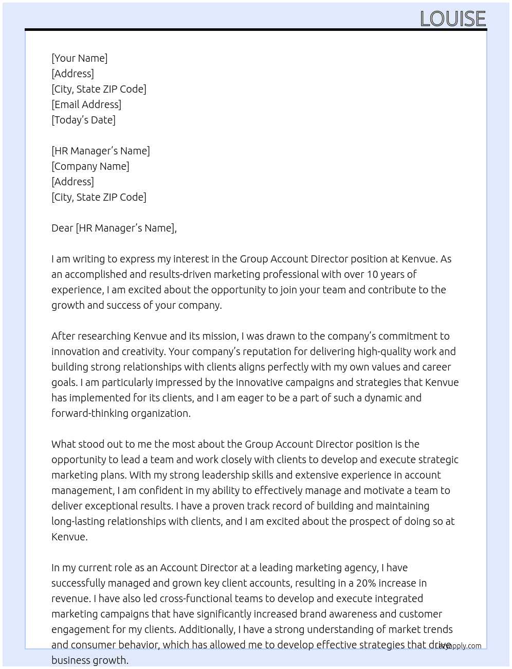 Group Account Director At Kenvue Cover Letter