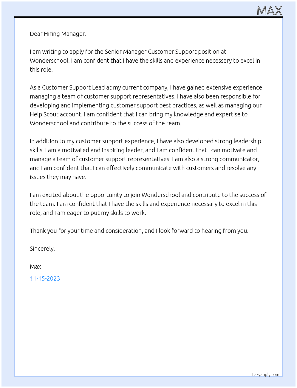 Senior Manager Customer Support At Wonderschool Cover Letter