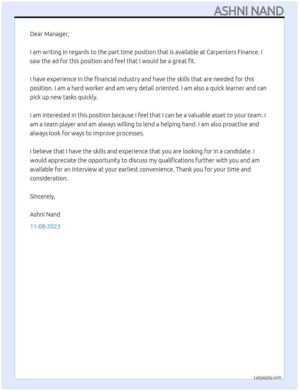 part time At Carpenters Finance Cover Letter