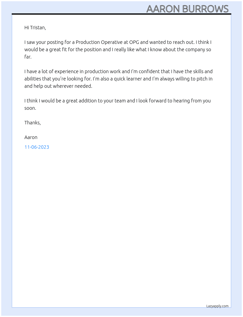 Production Operative At OPG Cover Letter