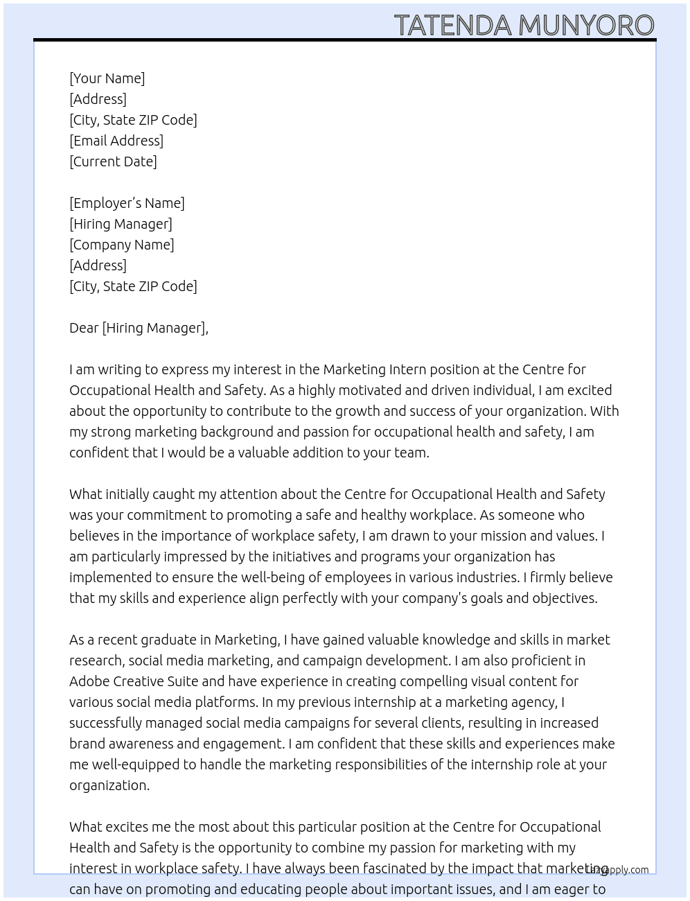 marketing intern At centre for occupational health and safetyh Cover Letter