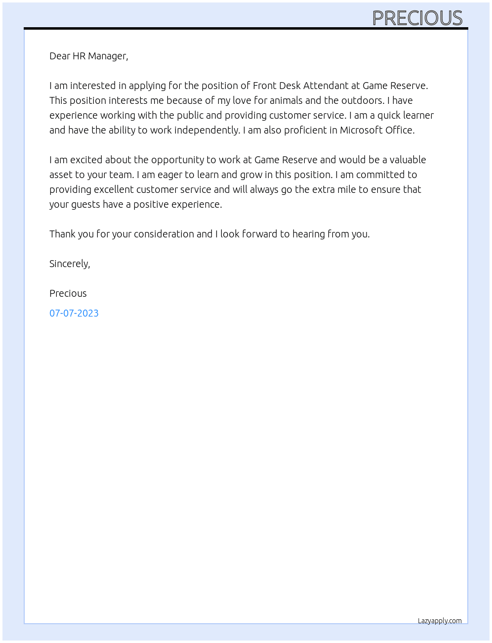 Front desk attendant  At Game Reserve  Cover Letter