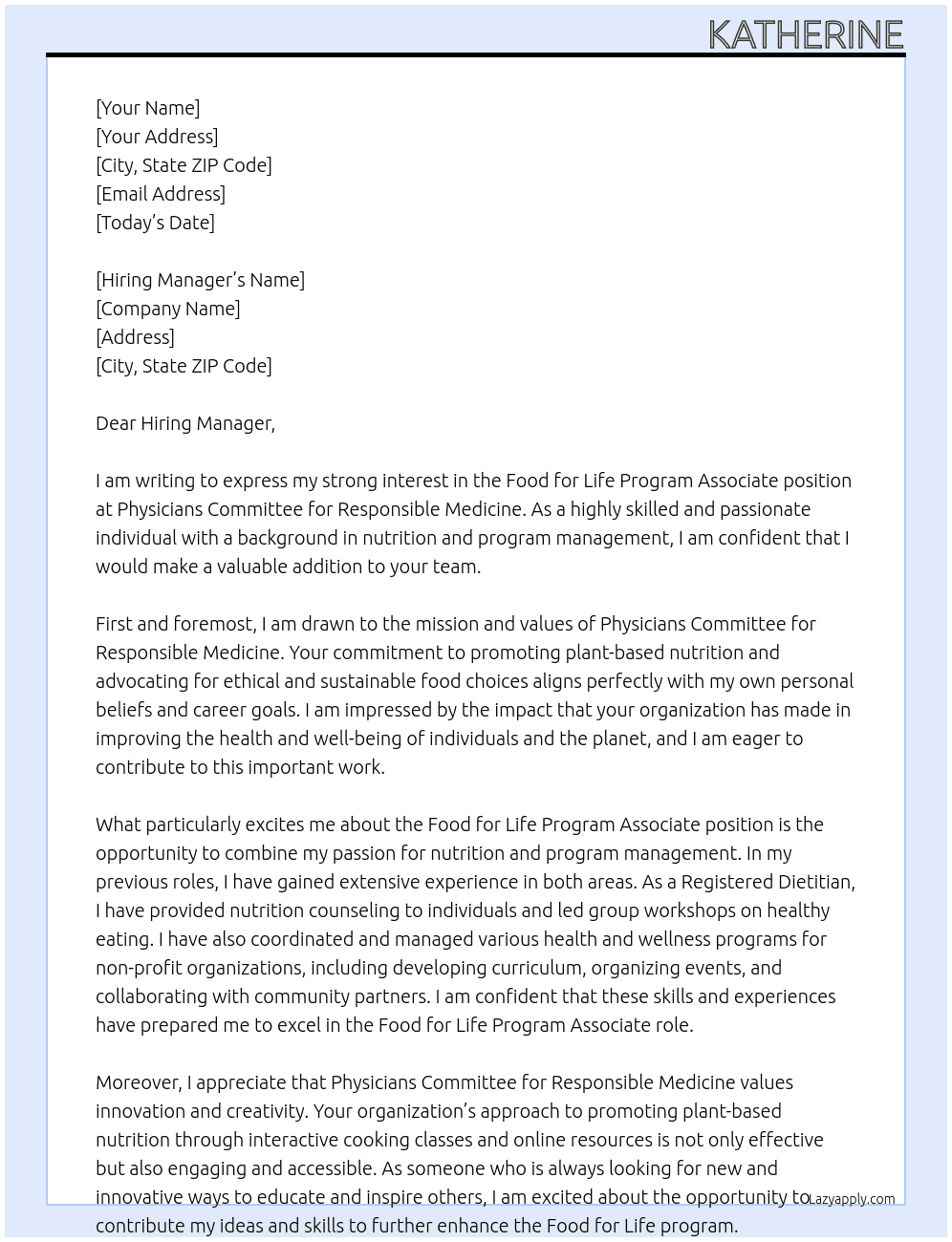 Food for Life Program Associate  At Physicians Committee for Responsible Medicine Cover Letter