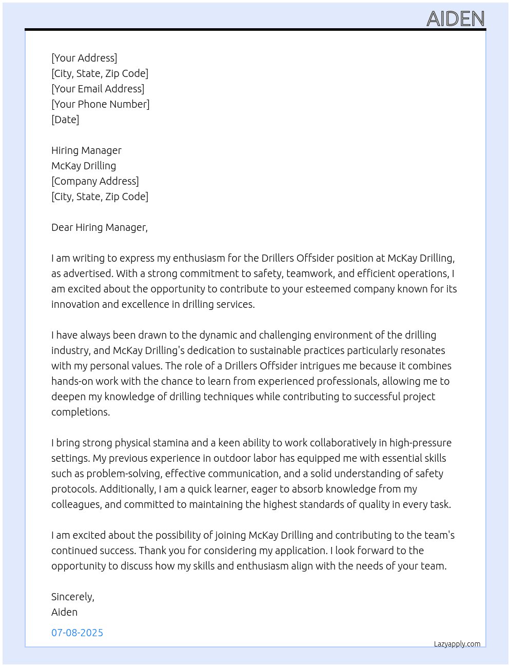 drillers offsider  At McKay drilling Cover Letter