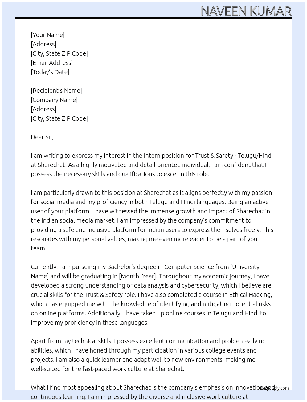 Intern (Trust & Safety - Telugu/Hindi At Sharechat  Cover Letter
