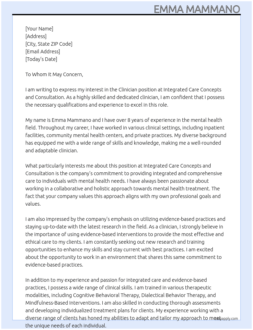 Clinician At Integrated Care Concepts and Consultation Cover Letter
