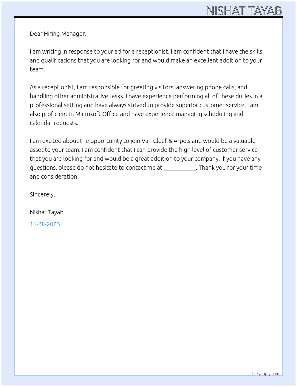 Receptionist  At Van Cleef & Arpels Cover Letter