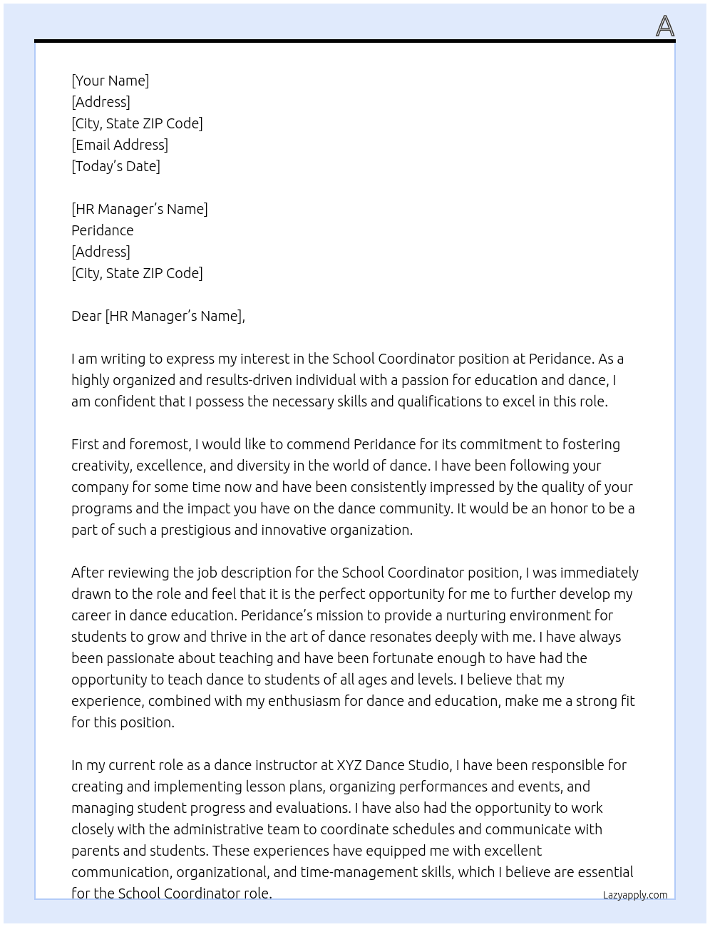 School coordinator At peridance Cover Letter