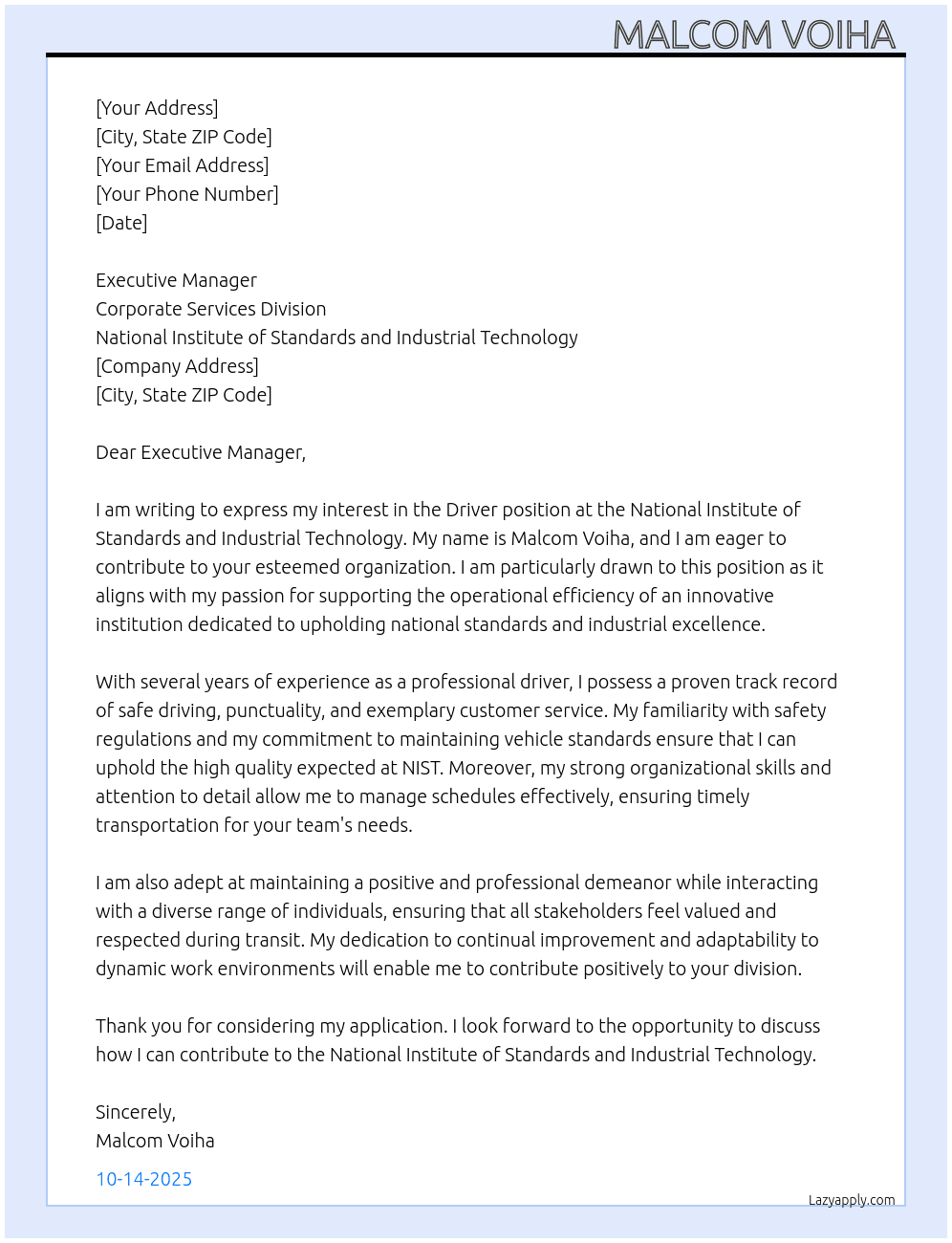 Driver At National Institute of Standards and Industrial Technology Cover Letter