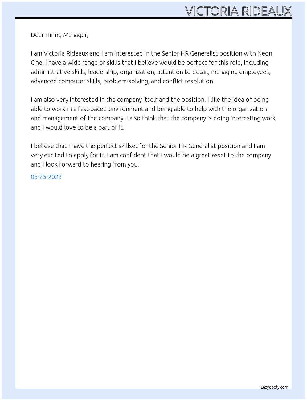 Senior HR Generalist At Neon One Cover Letter