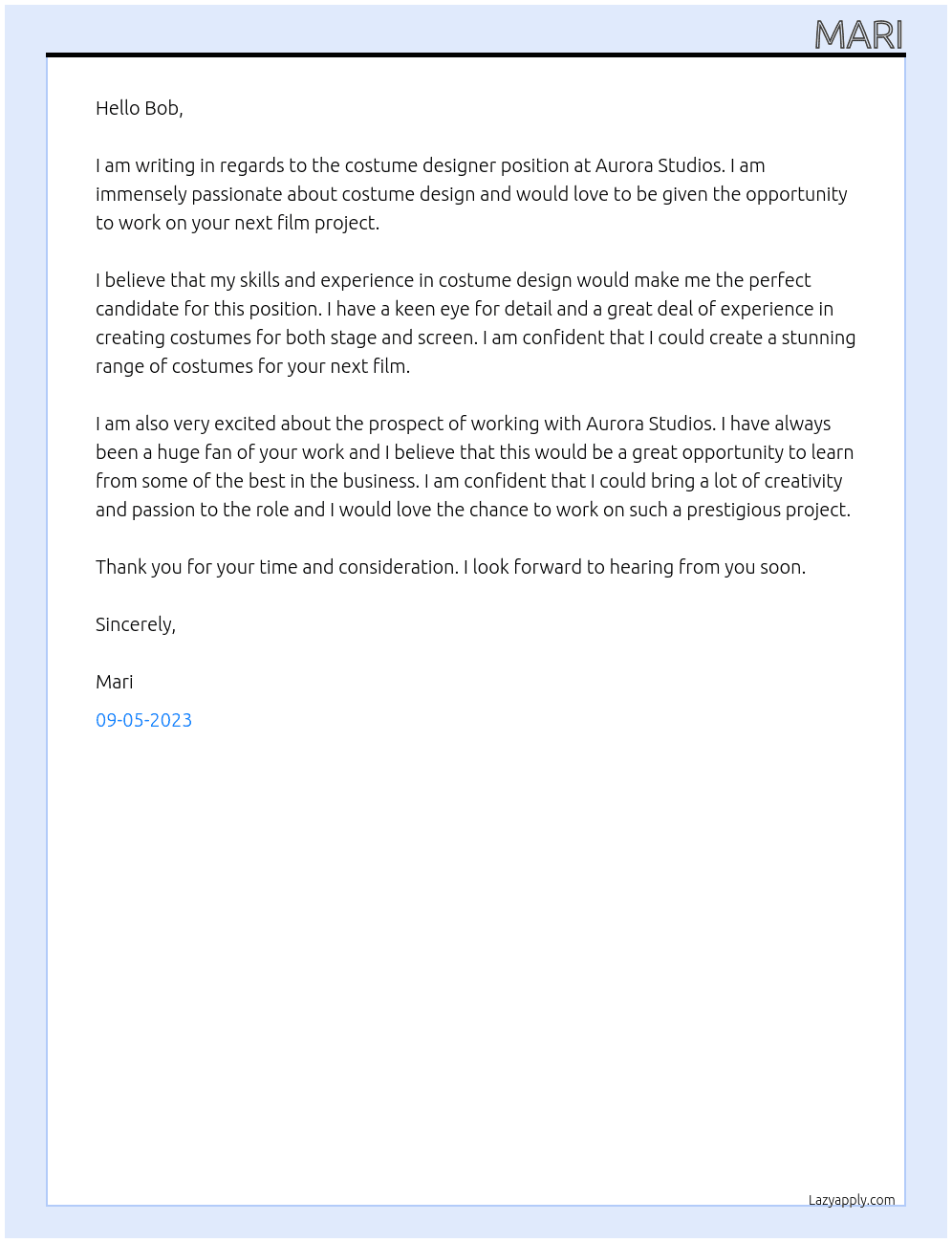 costume for film At aurora studios Cover Letter
