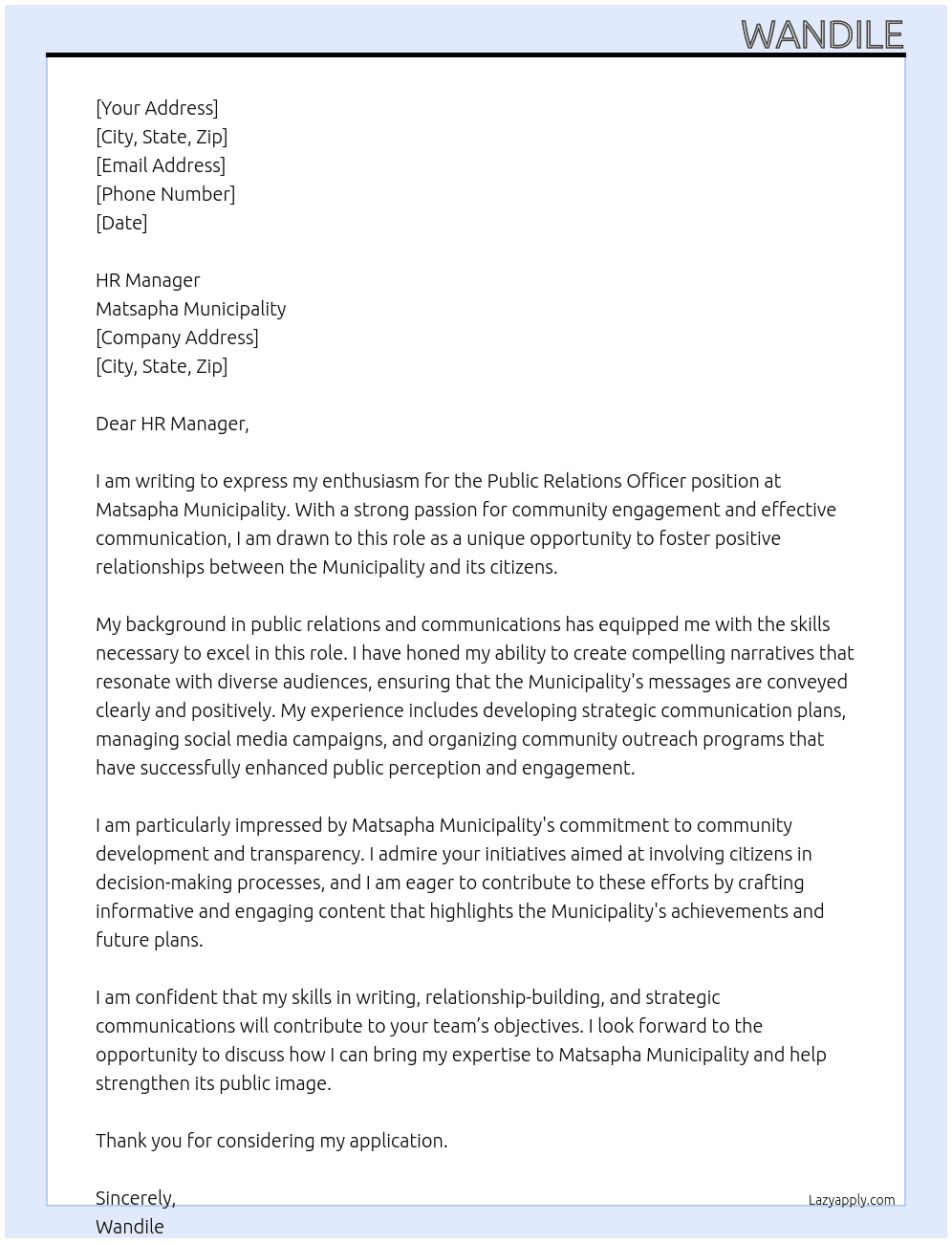 Public Relations Officer At Matsapha Municipality Cover Letter