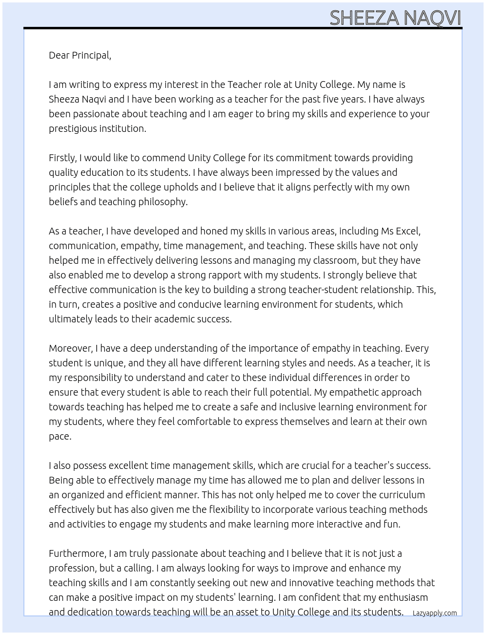 Teacher At Unity college Cover Letter