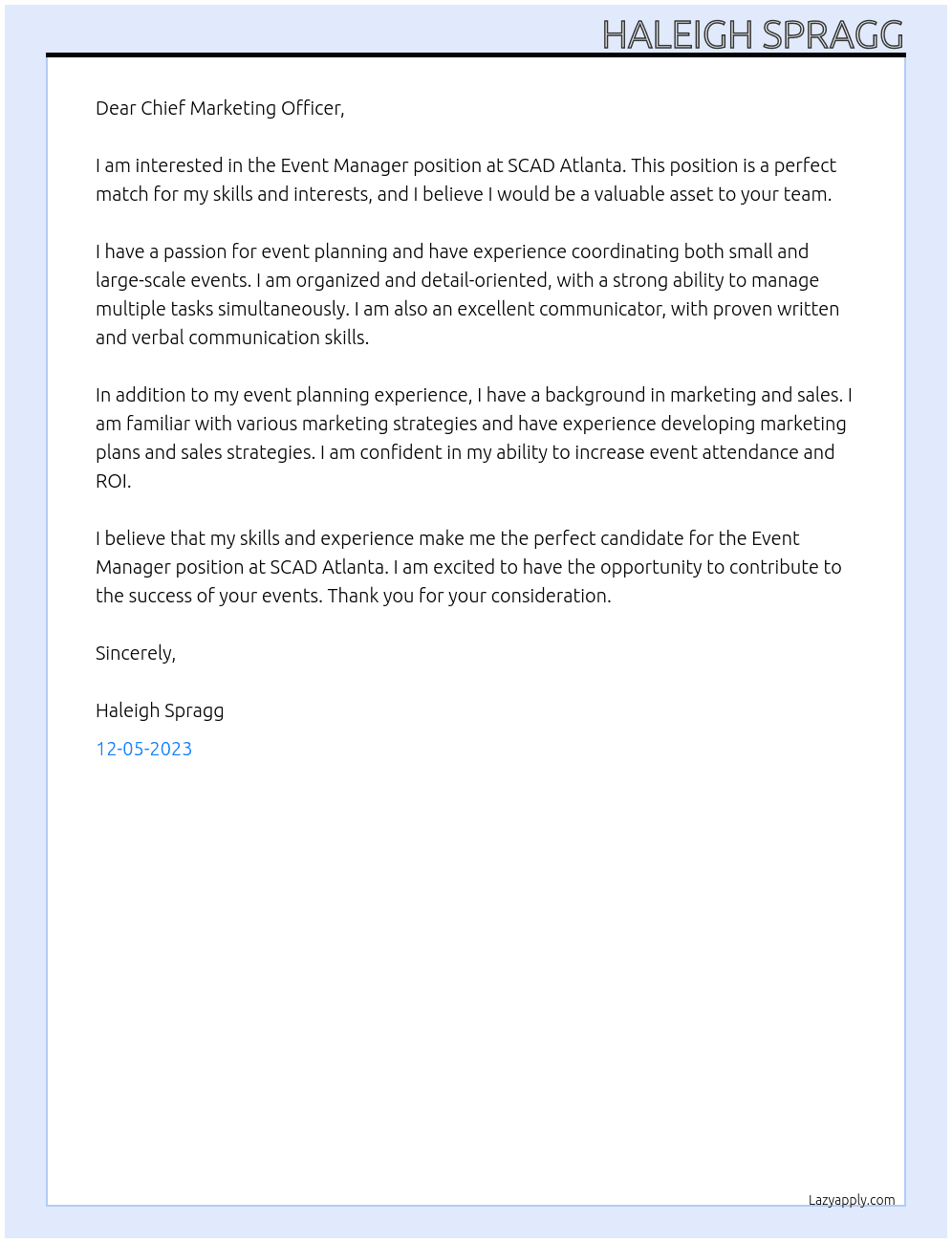 Event Manager At SCAD Atlanta Cover Letter