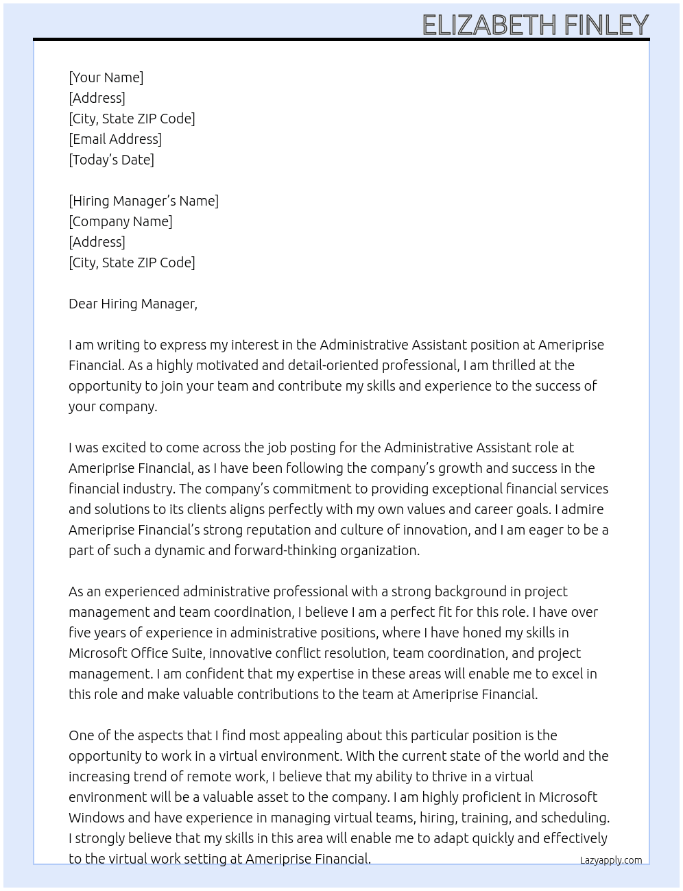 Administrative Assistant At Ameriprise Financial Cover Letter