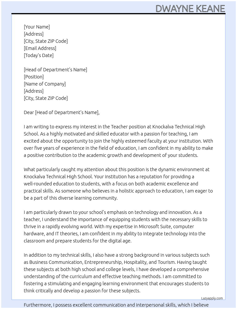 Teacher At Knockalva Technical High Schol Cover Letter