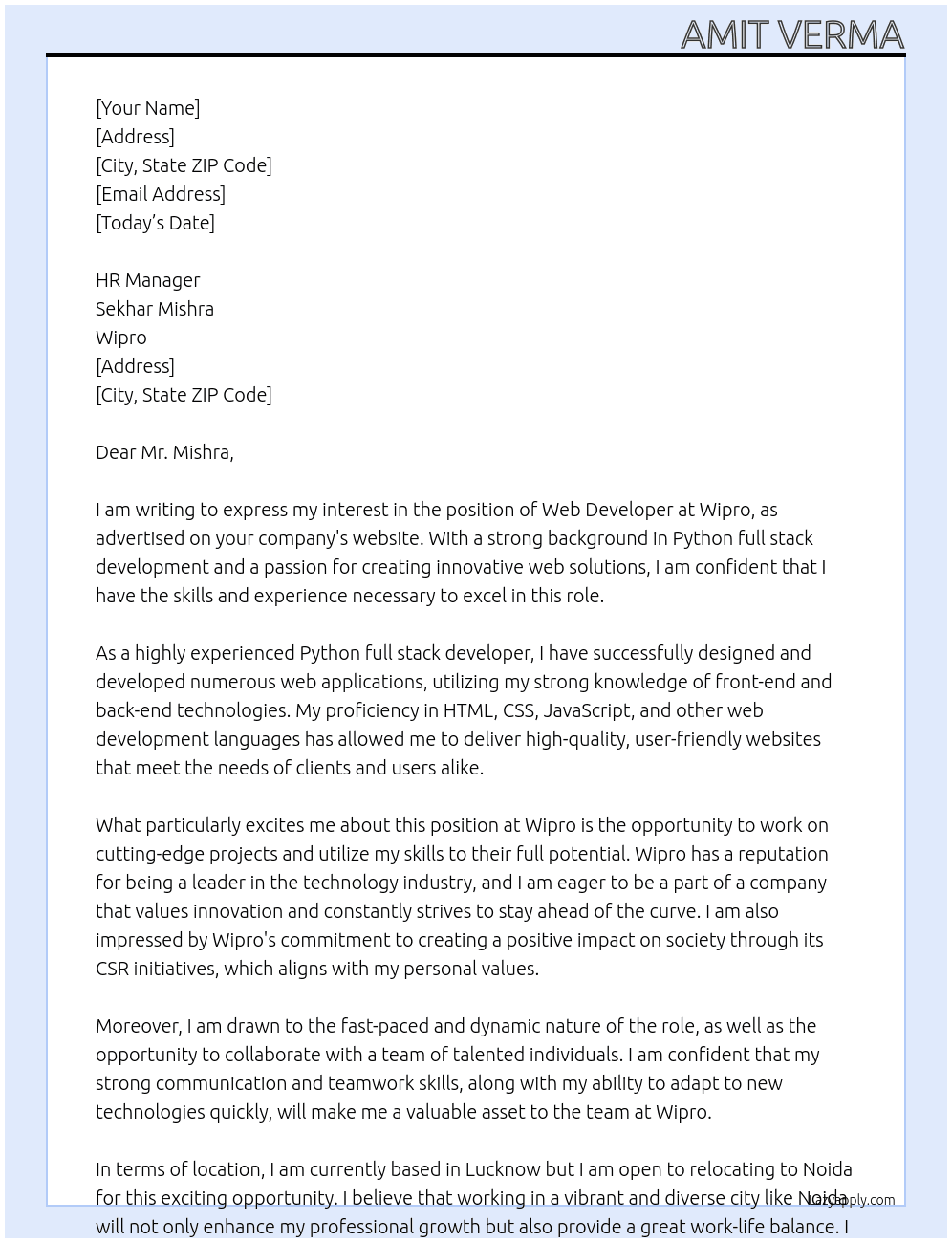 WEB DEVELOPER At WIPRO Cover Letter