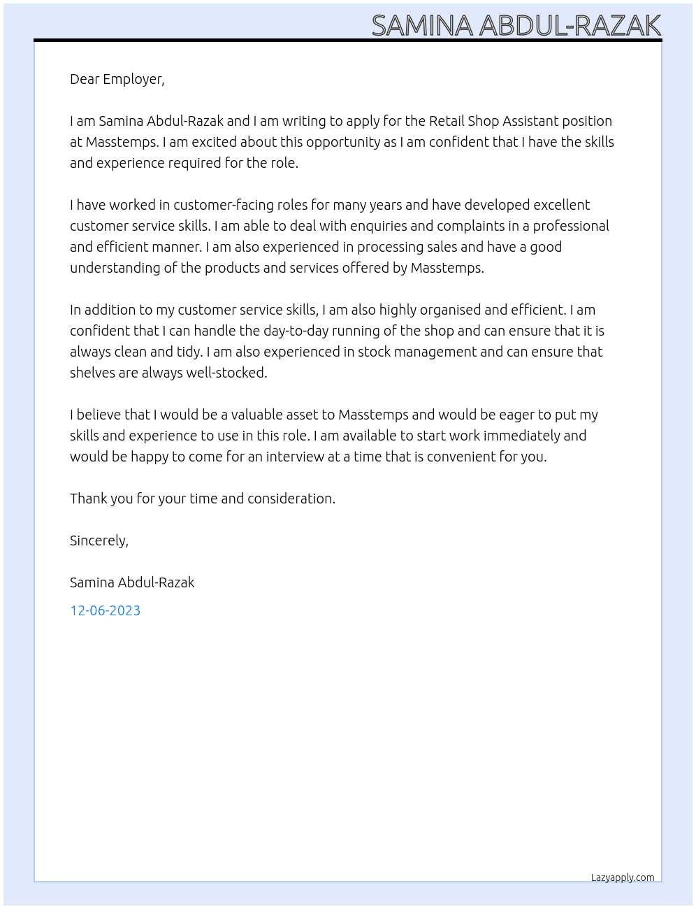 Retail Shop Assistant At Masstemps Cover Letter