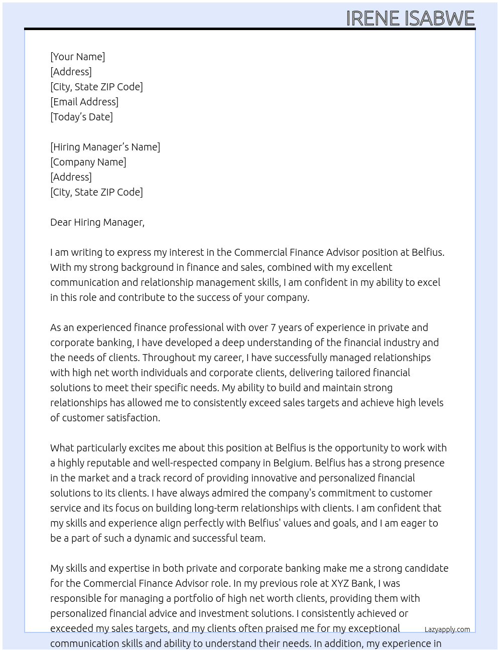 Commercial Finance Advisor At Belfius Cover Letter