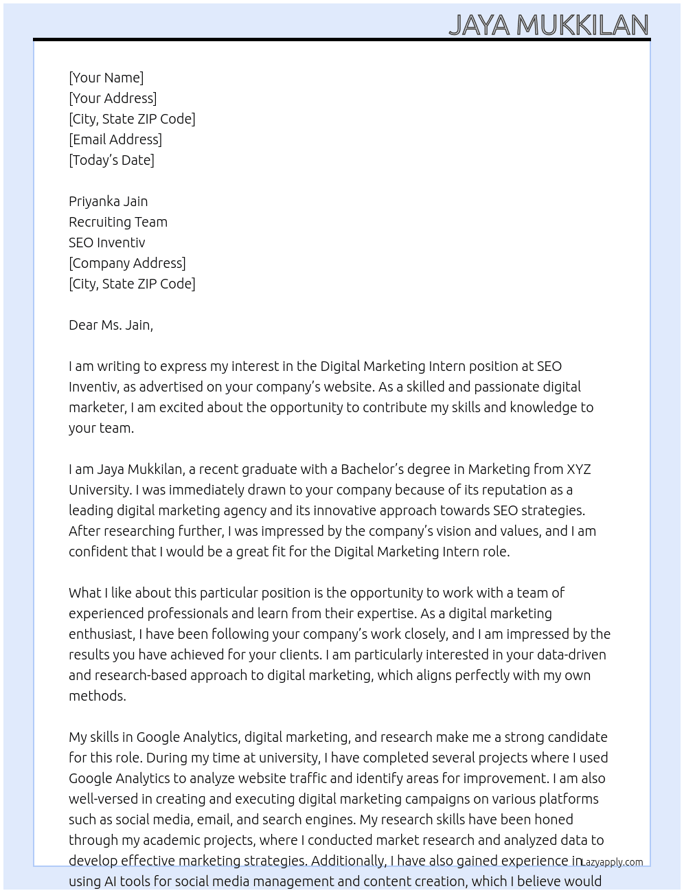 Digital Marketing Intern At SEO Inventiv Cover Letter