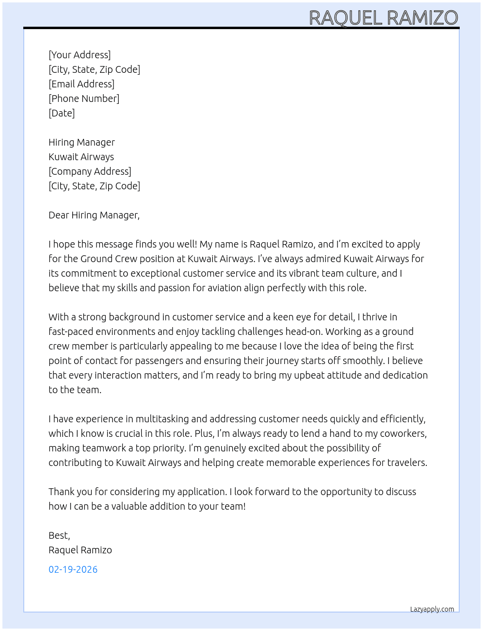 GROUND CREW At KUWAIT AIRWAYS Cover Letter