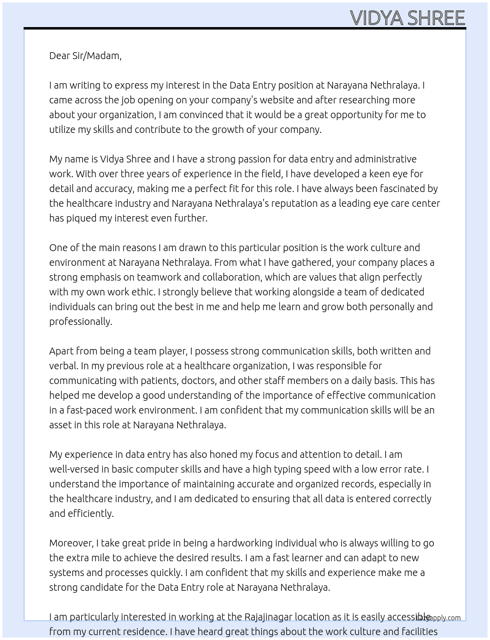 Data entry  At Narayana Nethralaya  Cover Letter