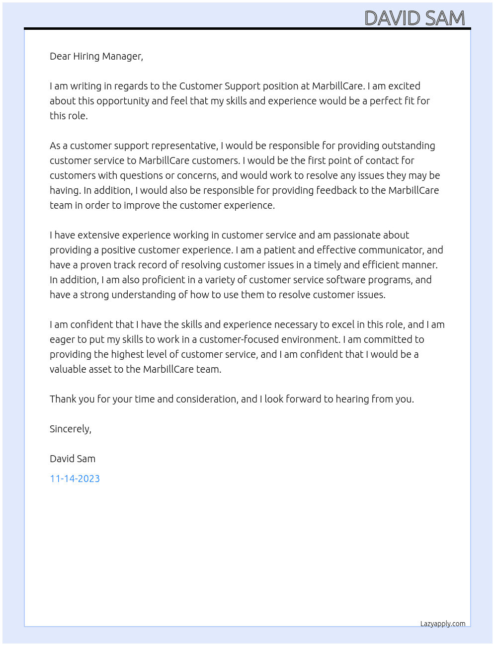 Customer Support  At MarbillCare Cover Letter