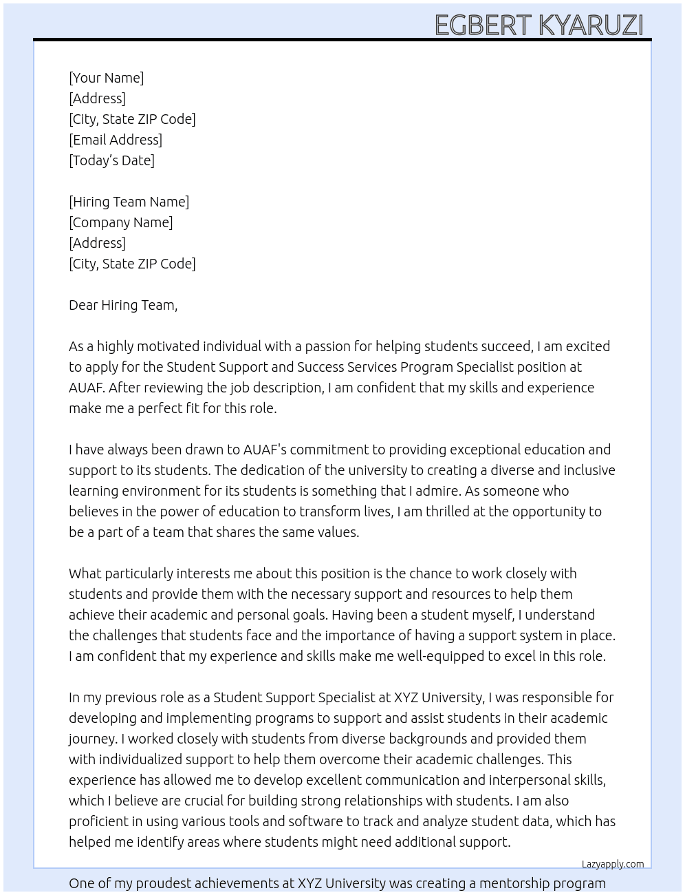 Student Support and Success Services Program Sprcialist At AUAF Cover Letter