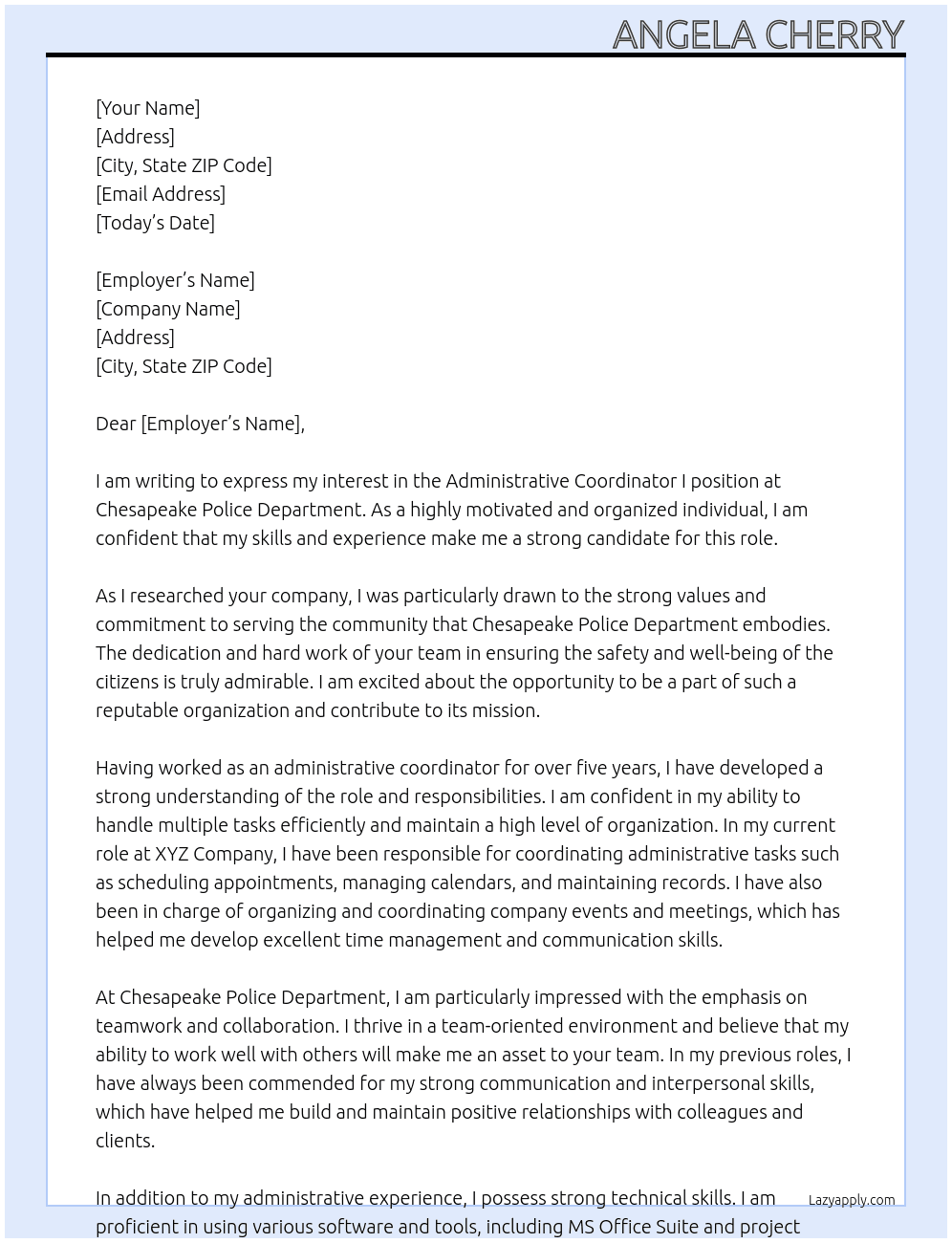 Administrative Coordinator I At Chesapeake Police Department Cover Letter