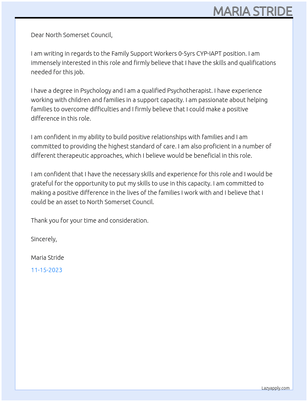 Family Support Workers 0-5yrs CYP-IAPT At North Somerset Council Cover Letter
