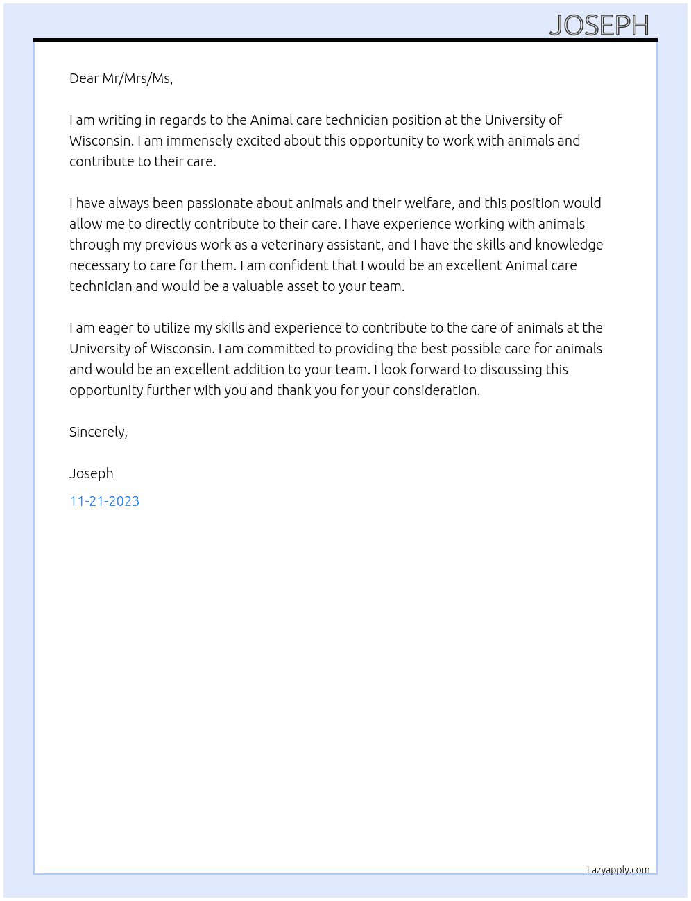 Animal care technician  At University of Wisconsin  Cover Letter