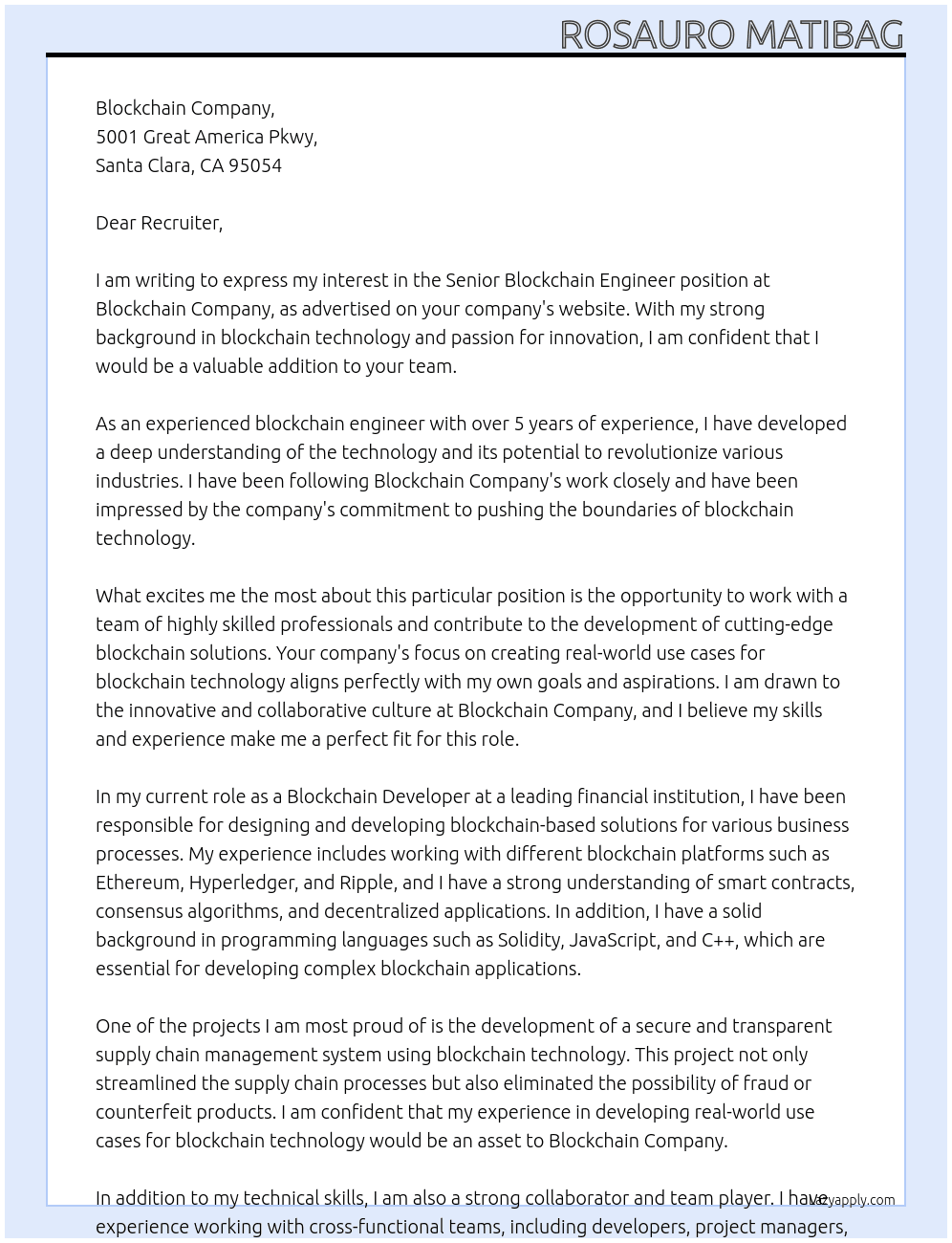 Senior Blockchain Engineer At Blockchain Company Cover Letter