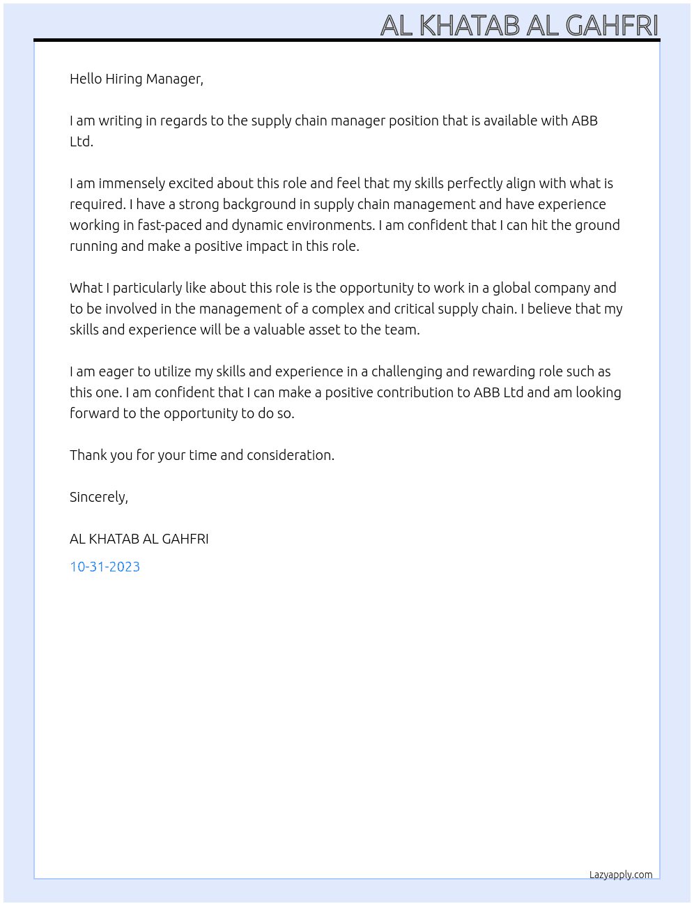 supply chain manager  At ABB Ltd Cover Letter