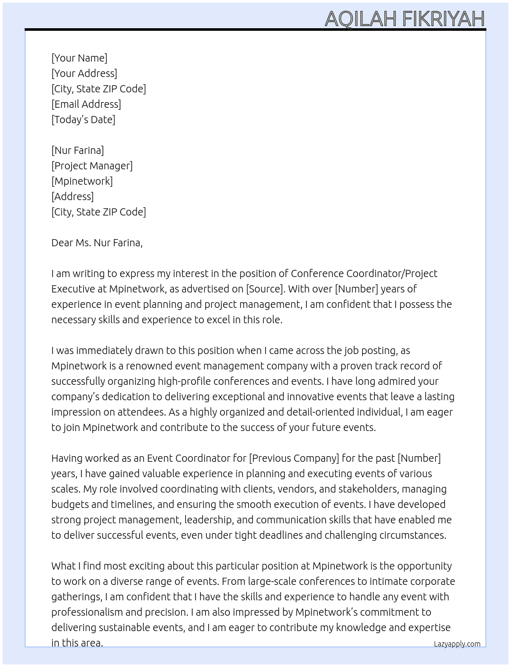 Conference Coordinator/ Project Executive At Mpinetwork Cover Letter