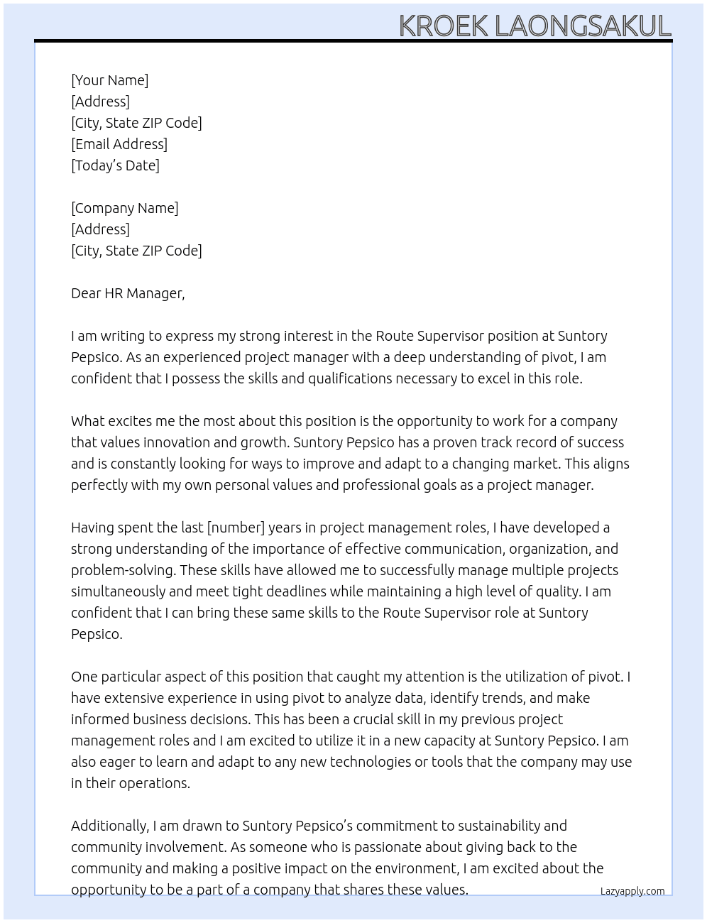 Route Supervisor At Suntory Pepsico Cover Letter