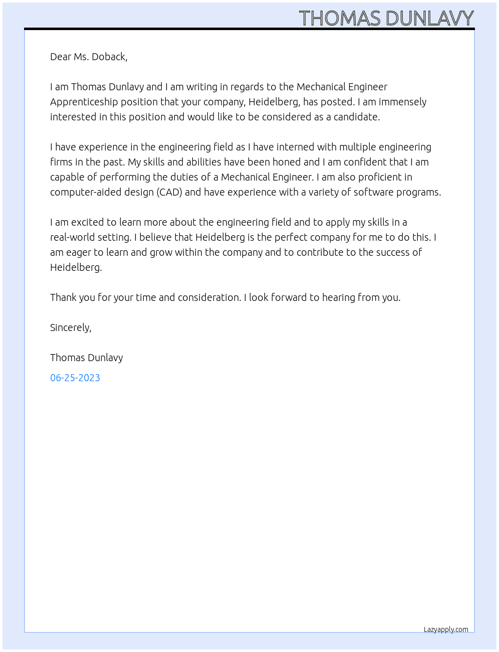 Mechanical Engineer Apprenticeship  At Heidelberg Cover Letter