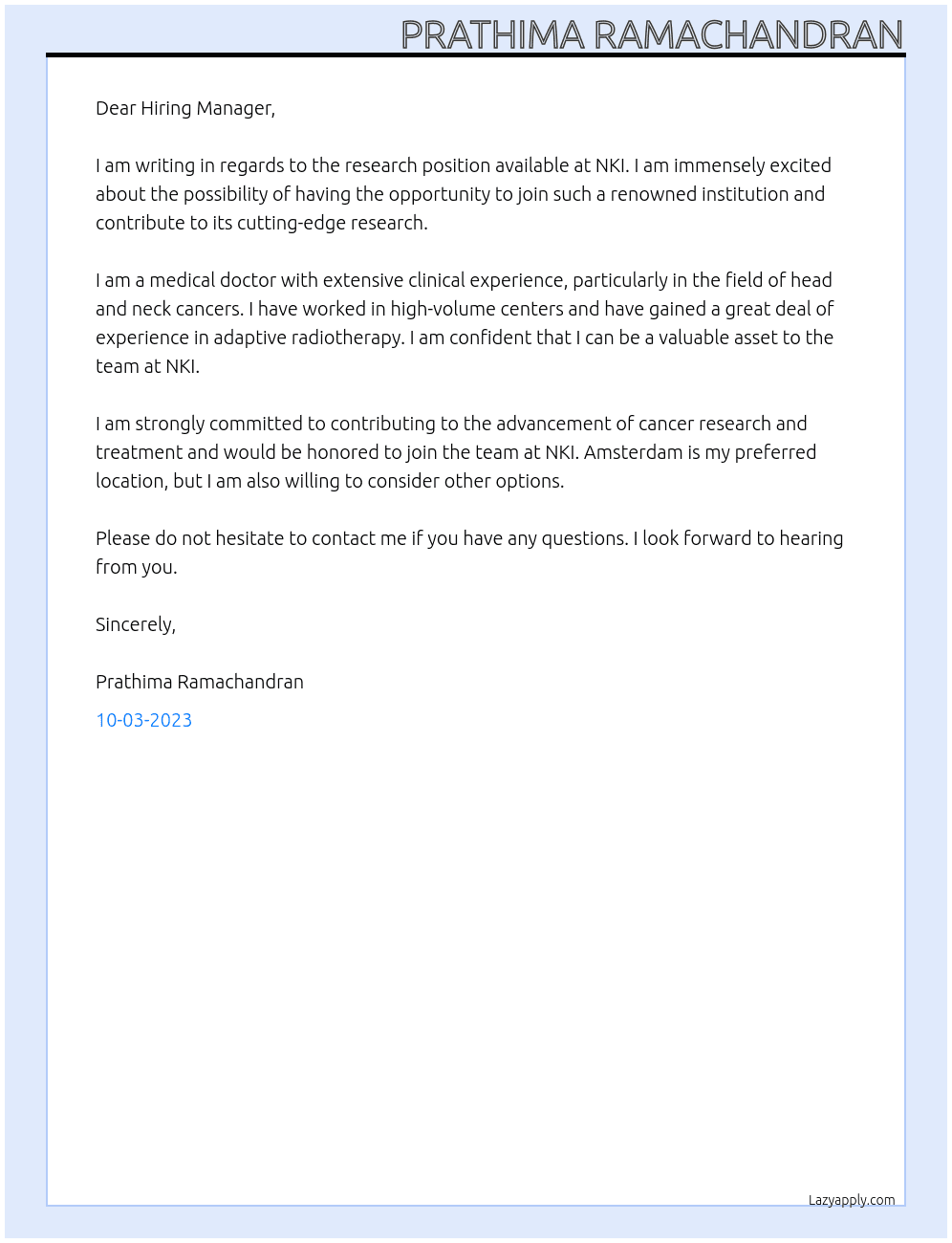 Research Position At NKI Cover Letter