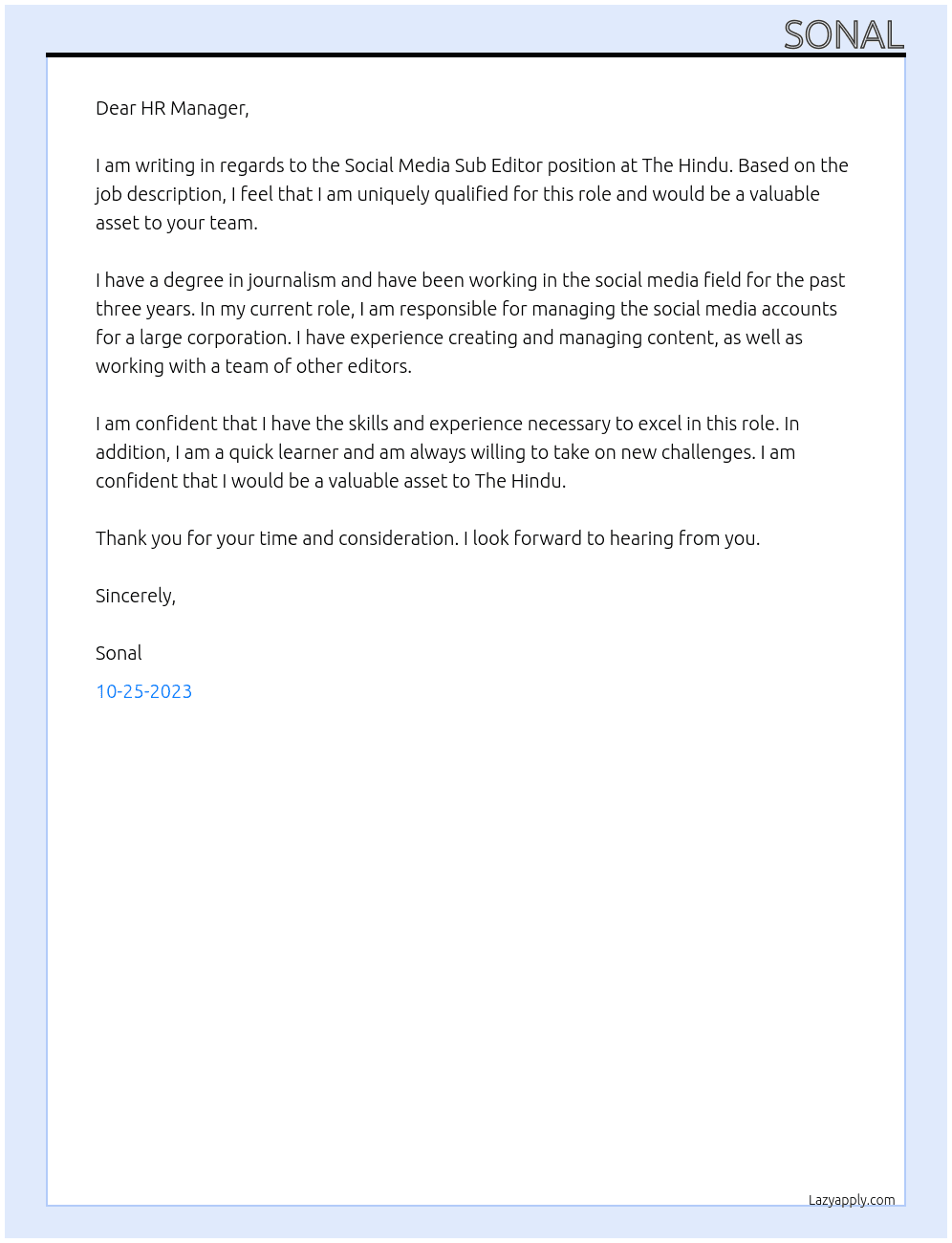 Social Media Sub Editor At The Hindu Cover Letter