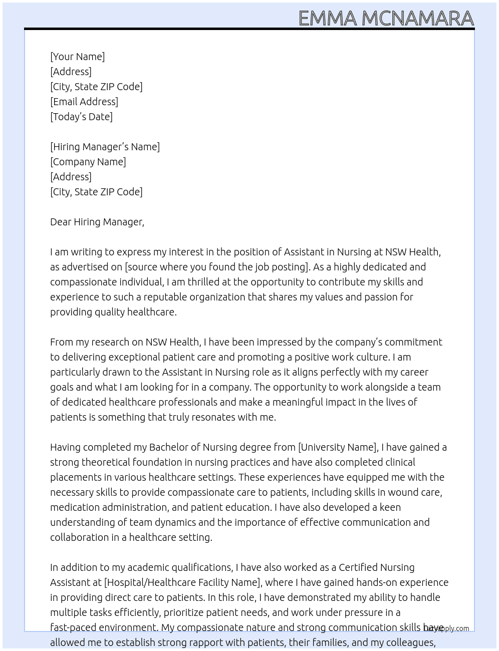 Assistant in Nursing At NSW Health Cover Letter
