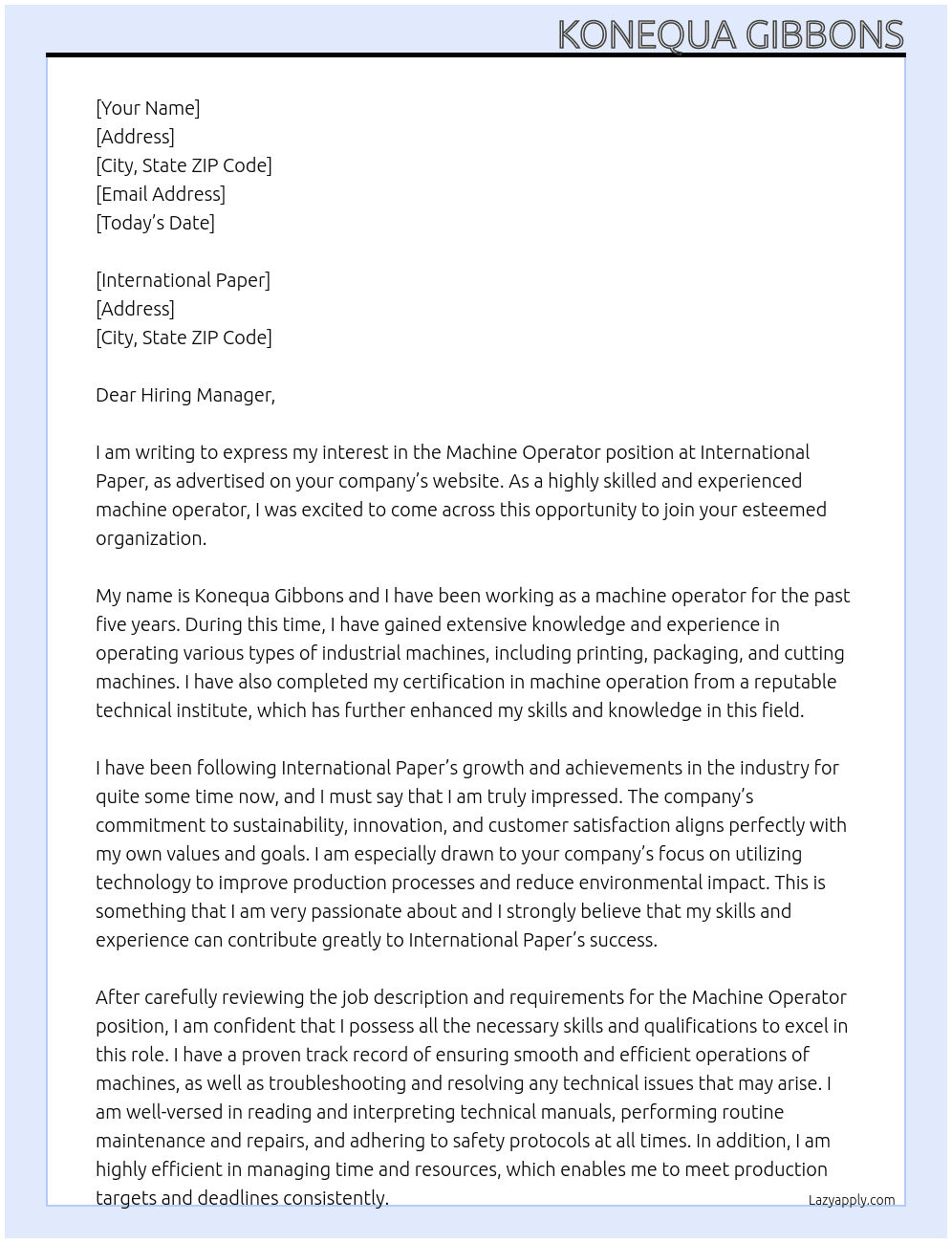 Machine Operator At International Paper Cover Letter